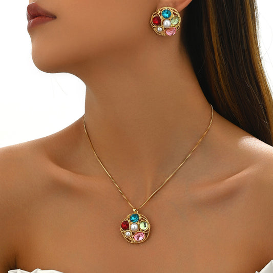 Set collana e orecchini pendenti geometrici in stile OL alla moda, in rame con intarsio di strass placcati in oro, per donna