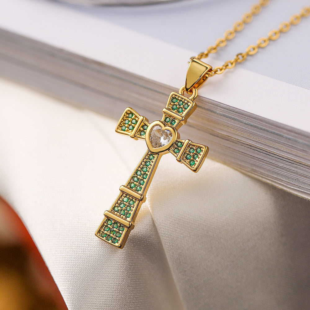 Geometric Cross Pendant Necklace for Women Made of Copper with 18K Gold Plating and Zircon Inlay