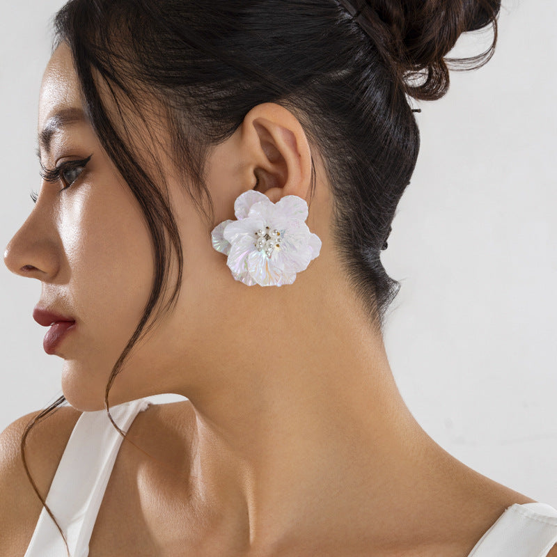 Sweet Iridescent Floral Resin Earrings with Pearl Inlay for Women