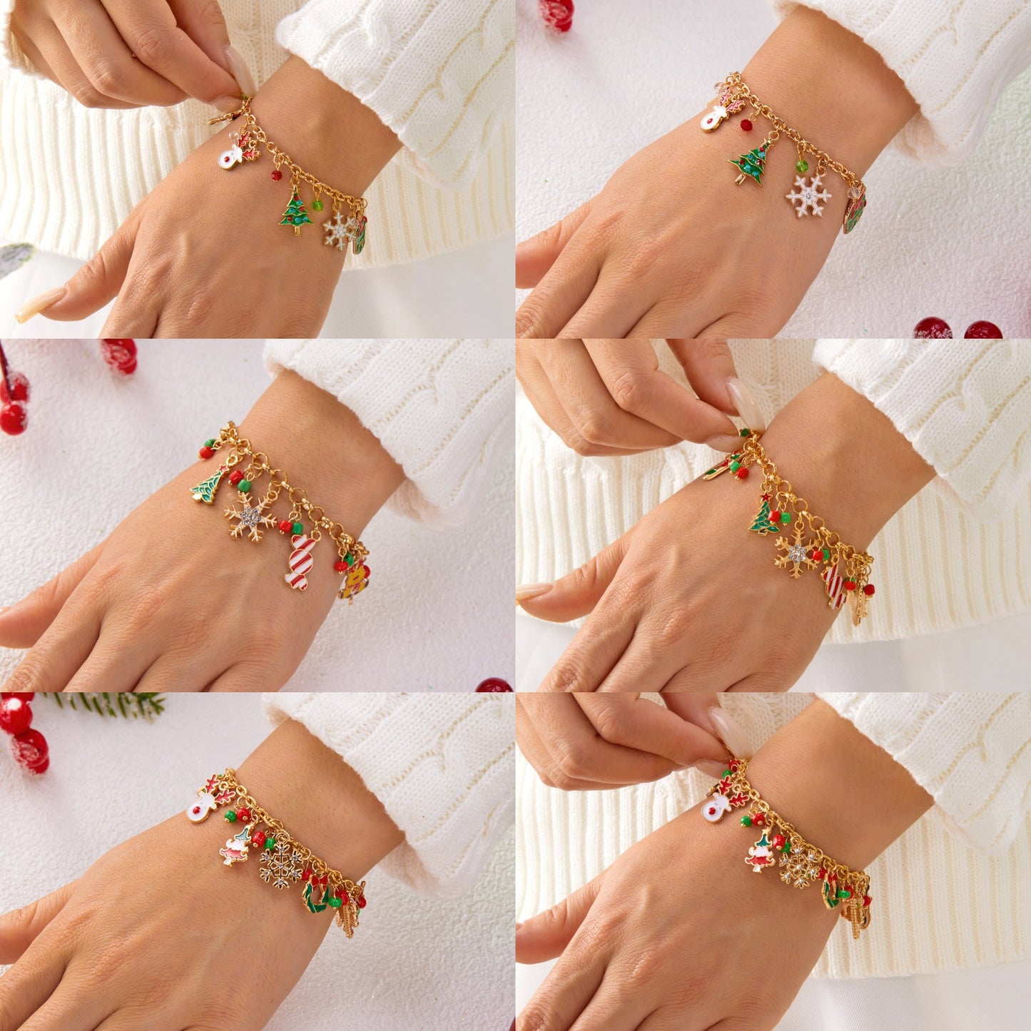 Pulsera de aleación con temática navideña con dijes de muñeco de nieve, reno, copo de nieve, hombre de jengibre, bastón de caramelo, cristal y cuentas, acabado chapado