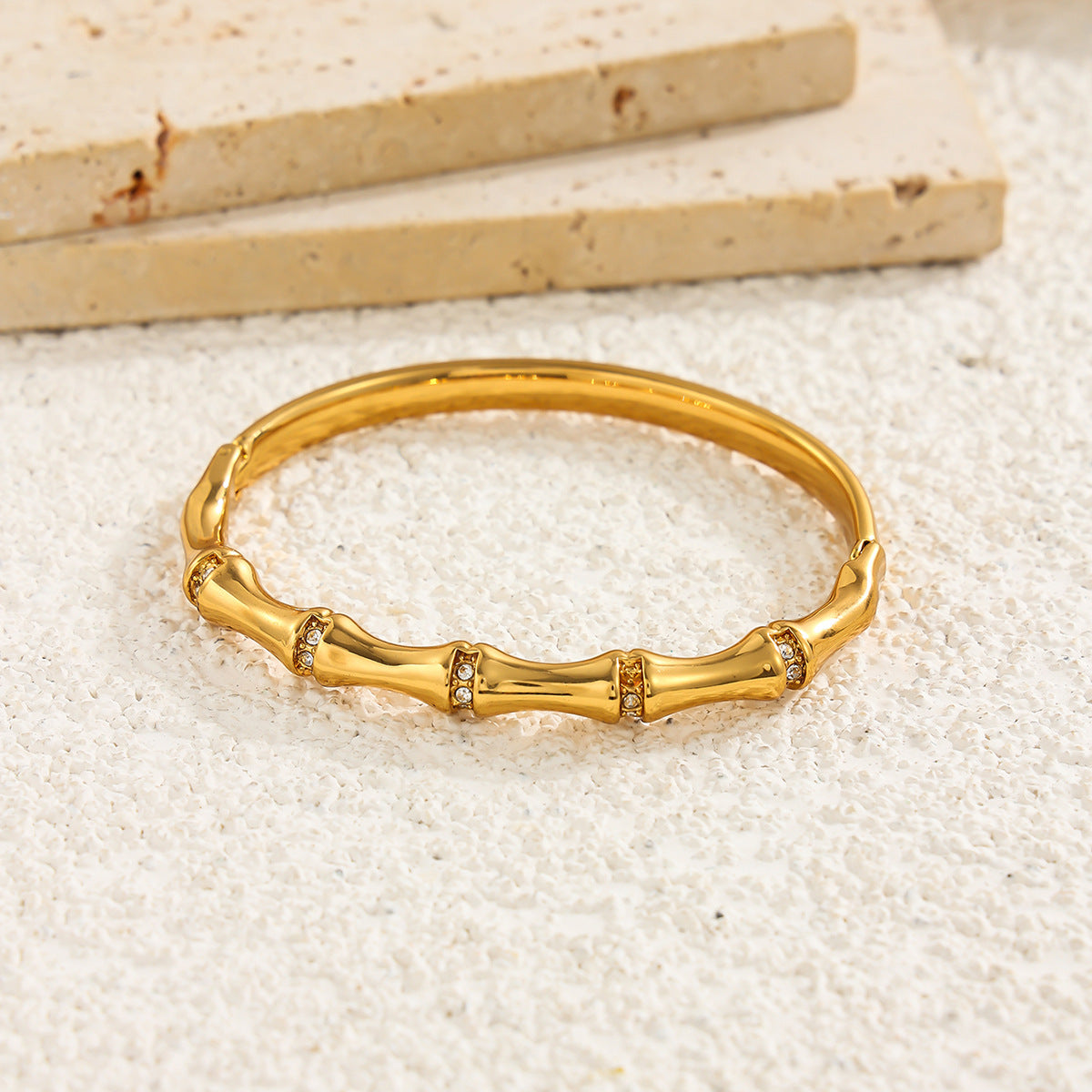 Fashion 18K Gold Plated Stainless Steel Rhinestone Inlaid Bamboo Shape Open Cuff Bracelet