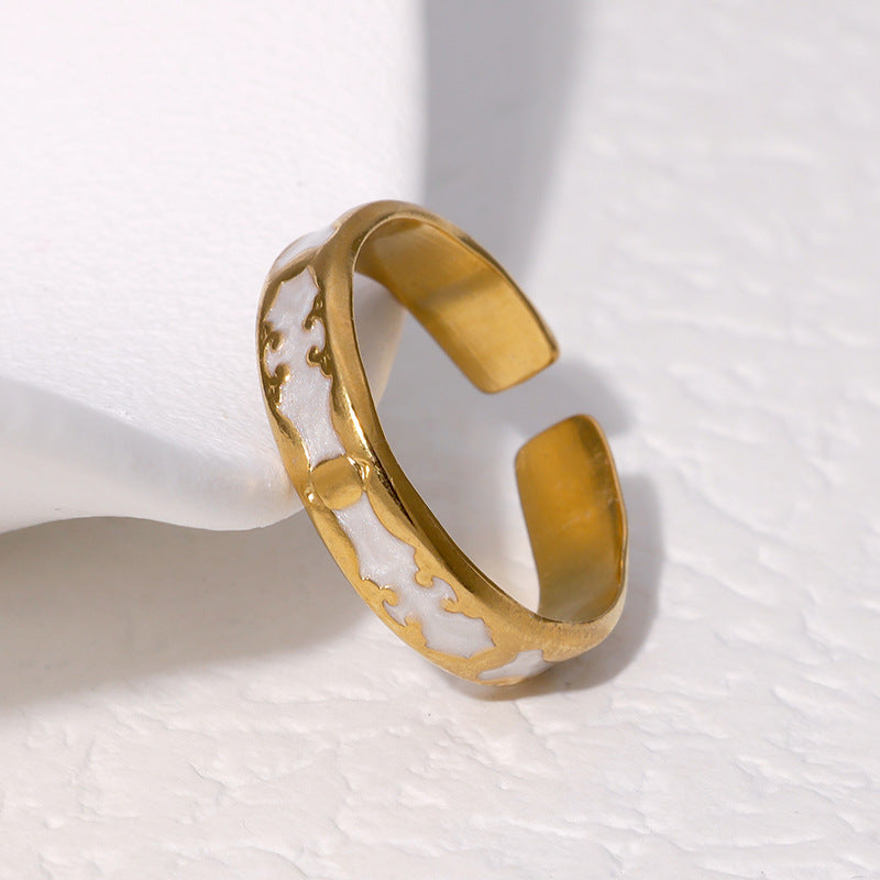 Vintage Stainless Steel Adjustable Ring with 18K Gold Plating and Enamel Finish for Women