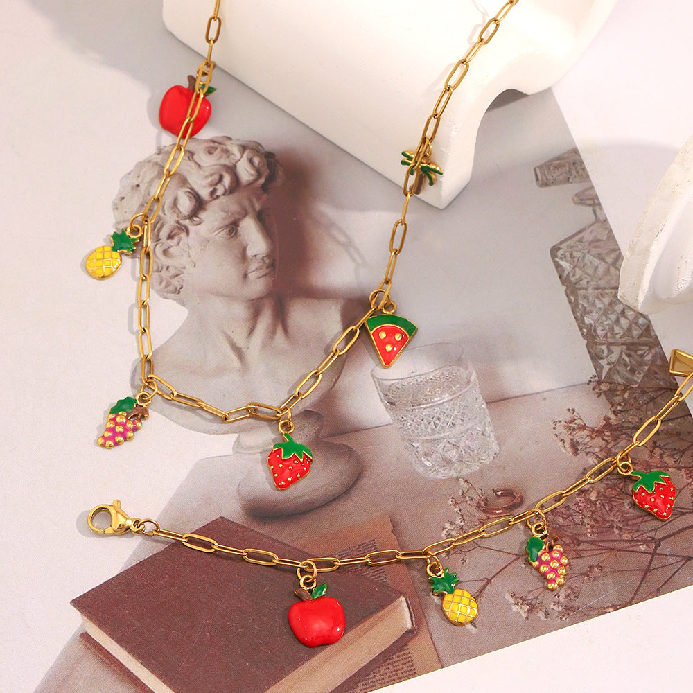 Fashion Fruit-Shaped Stainless Steel Plated 18K Gold Pendant Necklace and Bracelet Set for Women