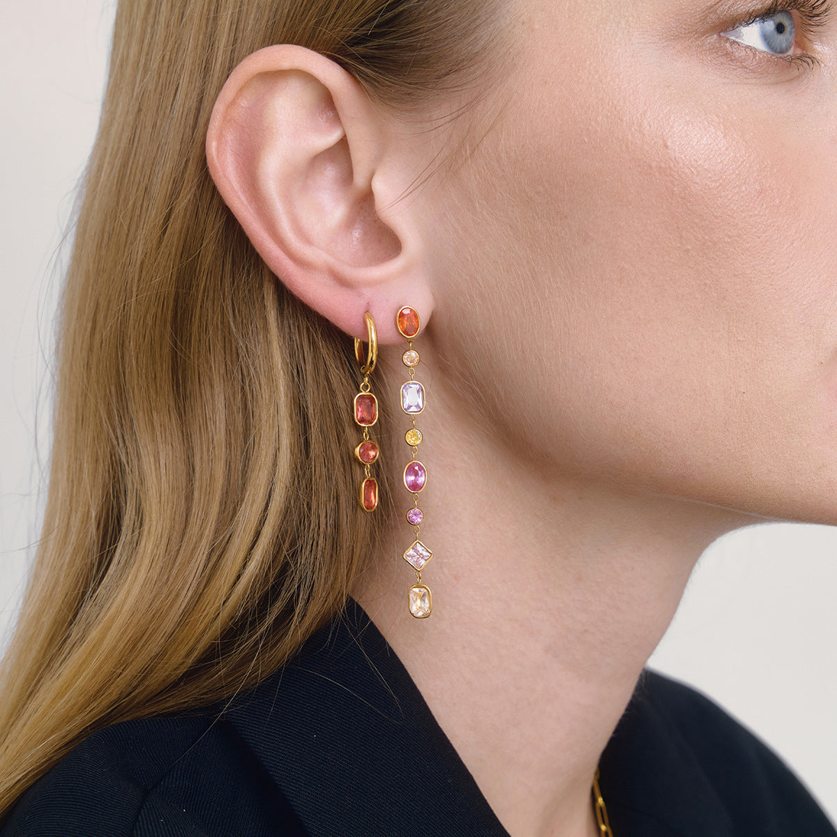 Minimalist Luxury Geometric Titanium Steel PVD Colorful Cubic Zirconia Tassel Earrings for Women
