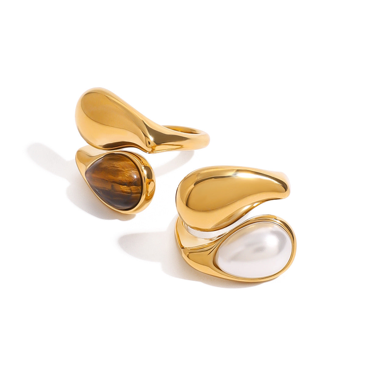 Anillo minimalista geométrico de acero inoxidable con chapado de acero de titanio y ojo de tigre para mujer
