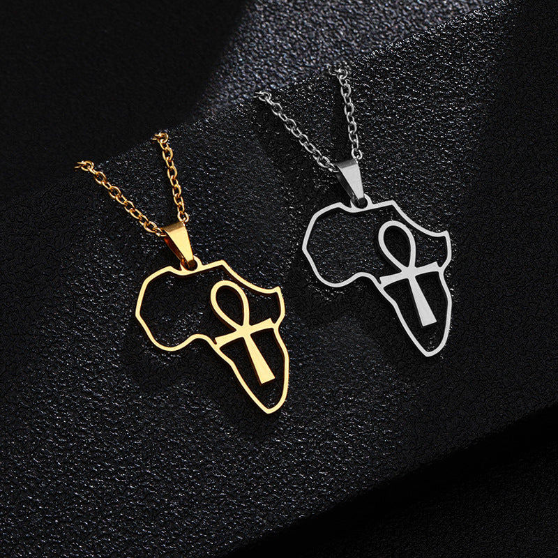 Collana con ciondolo a croce geometrico a mappa africana in acciaio inossidabile con ciondolo in acciaio al titanio e finitura galvanizzata