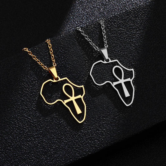 Collana con ciondolo a croce geometrico a mappa africana in acciaio inossidabile con ciondolo in acciaio al titanio e finitura galvanizzata