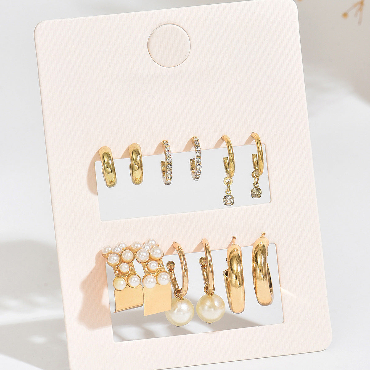 Vintage Business Geometric Square Round Alloy Plated Hoop Earring Set with Pearl Inlay for Women
