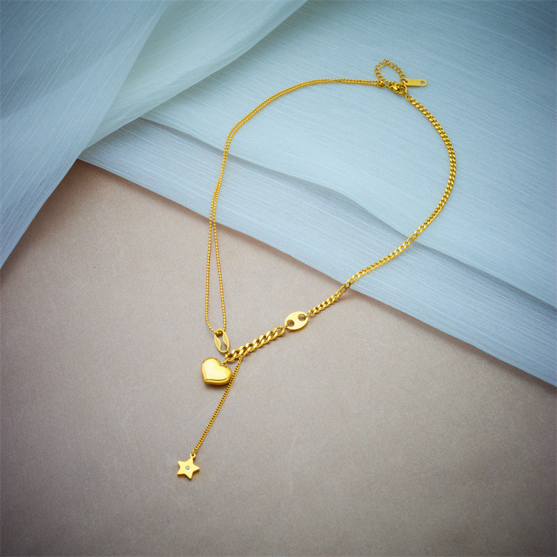 Minimalist 3D Heart and Star Pendant Stainless Steel Necklace for Women