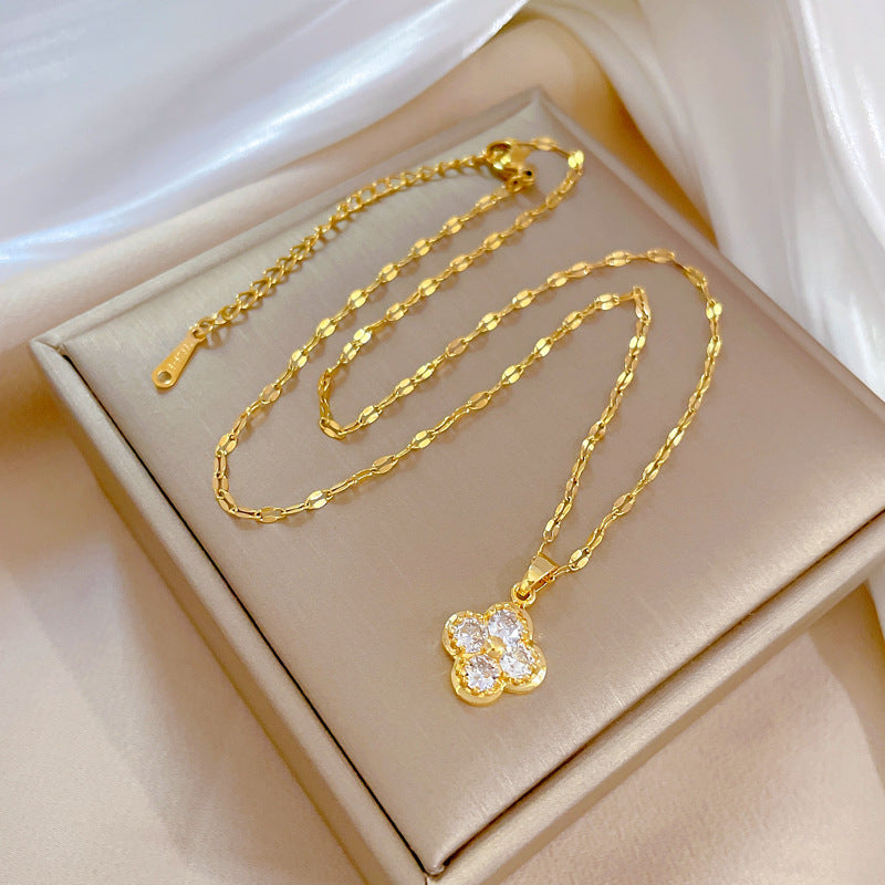 Luxury Titanium Steel Clavicle Chain Necklace with Four-Leaf Clover Pendant for Women
