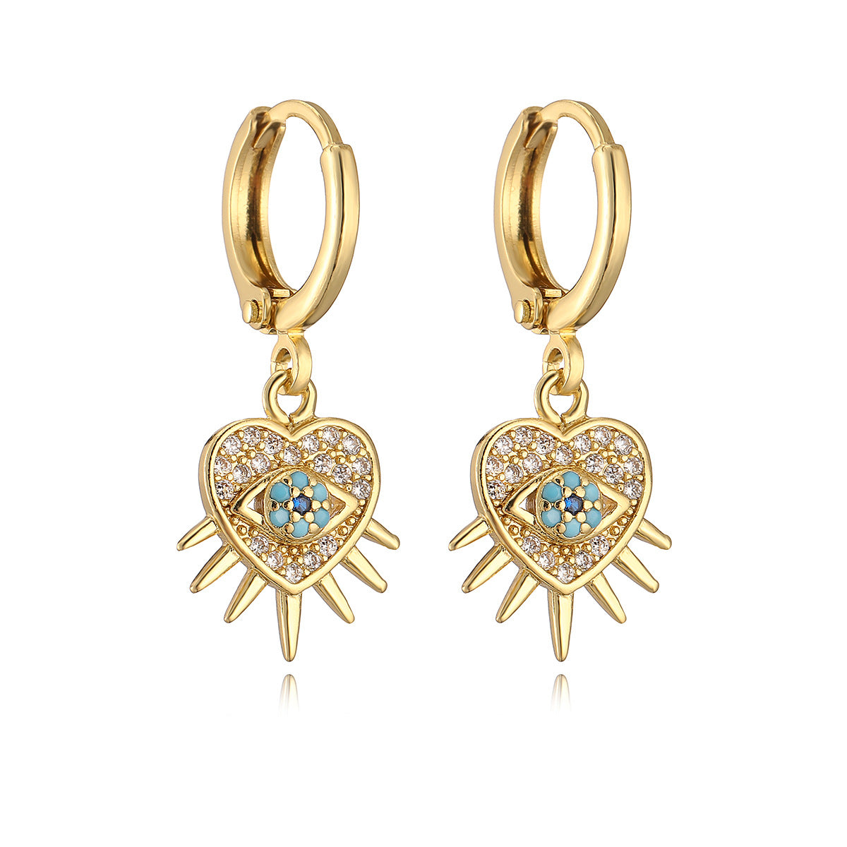 Orecchini a Cuore Minimalisti Geometrici con Occhio di Allah in Rame Placcato Oro 18K e Intarsio di Zirconi da Donna