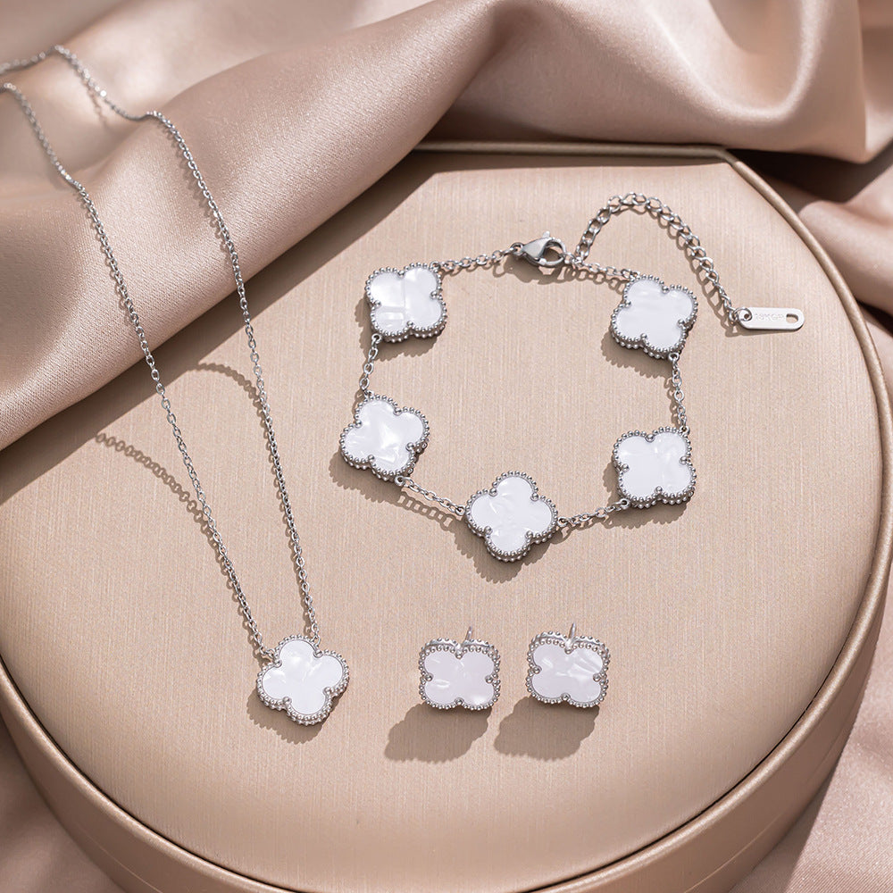 Minimalist Clover-Shaped Titanium Steel Necklace Set with Matching Bracelet and Earrings for Women