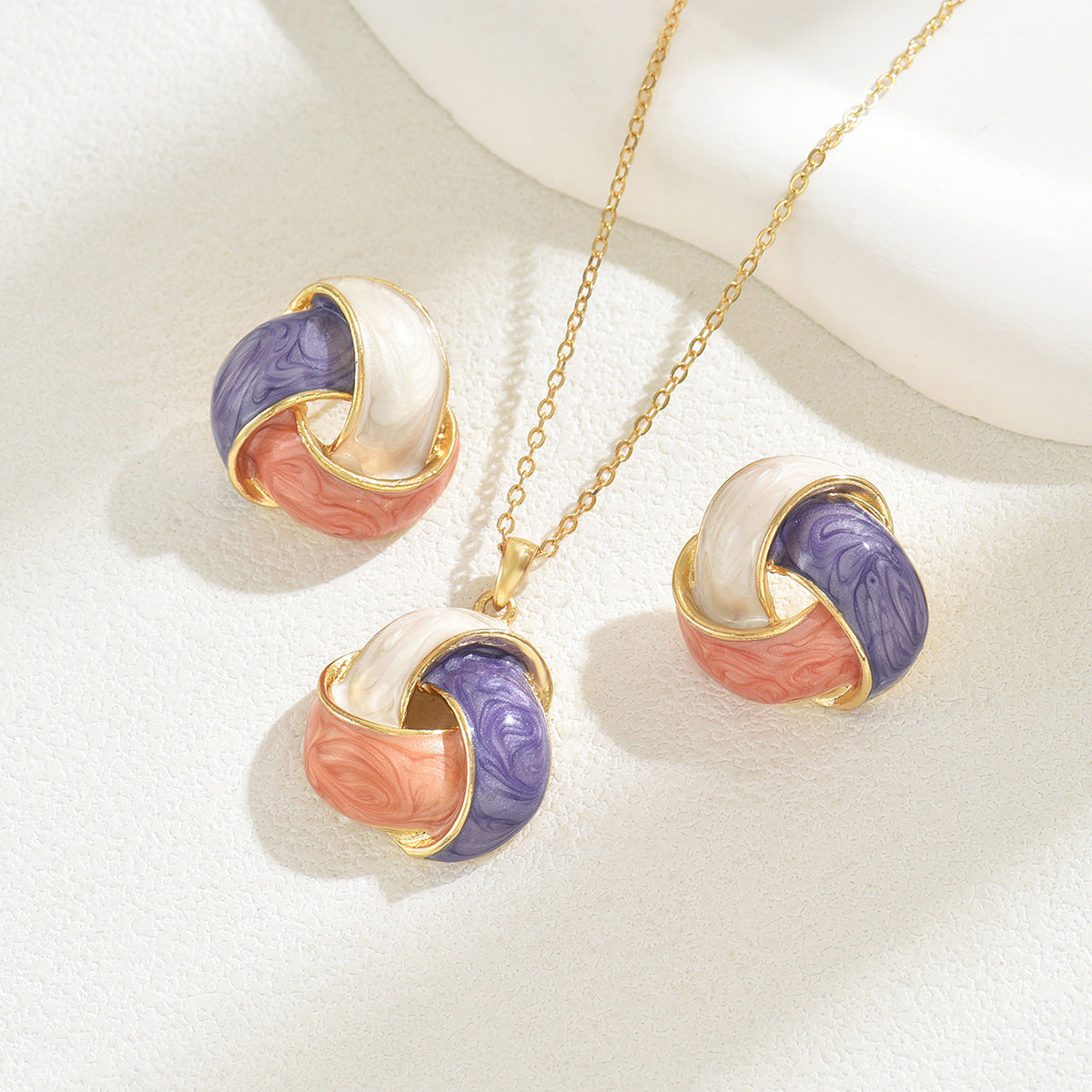 Parure di orecchini e collana geometrici in rame con smalto, dolci e di tendenza, da donna