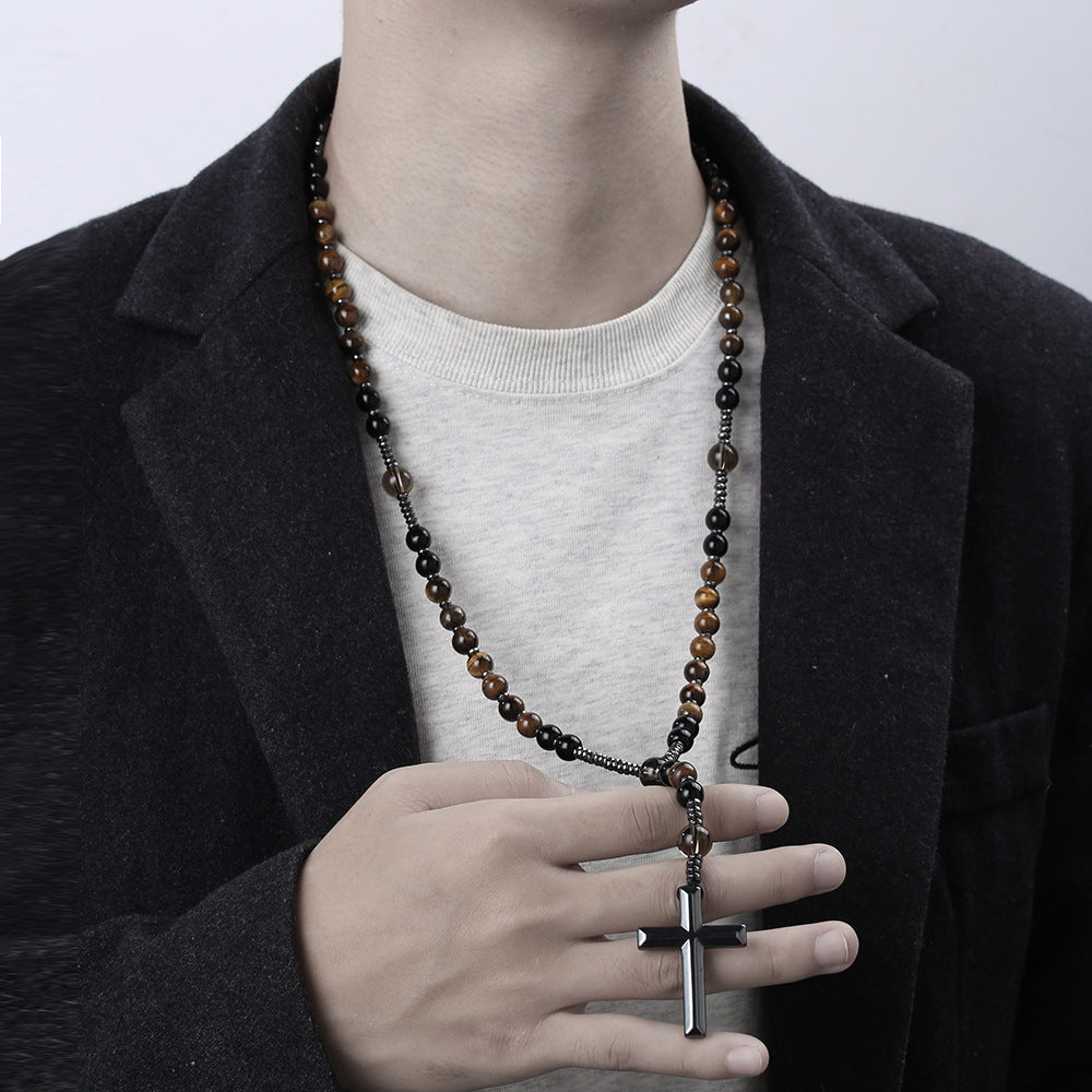 Men's Cross Pendant Necklace with Stone Beads and Alloy Cross Charm