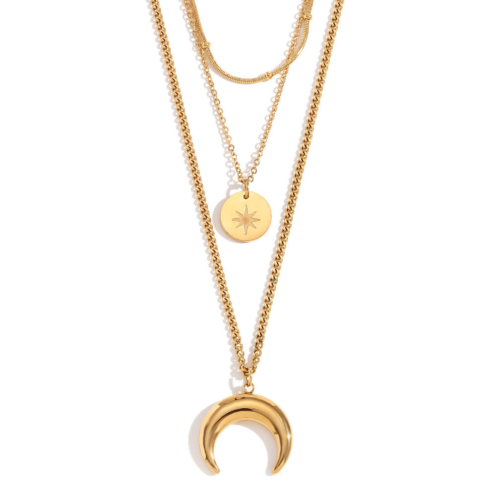 Vintage-Style Geometric Moon and Eight-Pointed Star Pendant Necklace Set in Stainless Steel with 18K Gold Plating for Women
