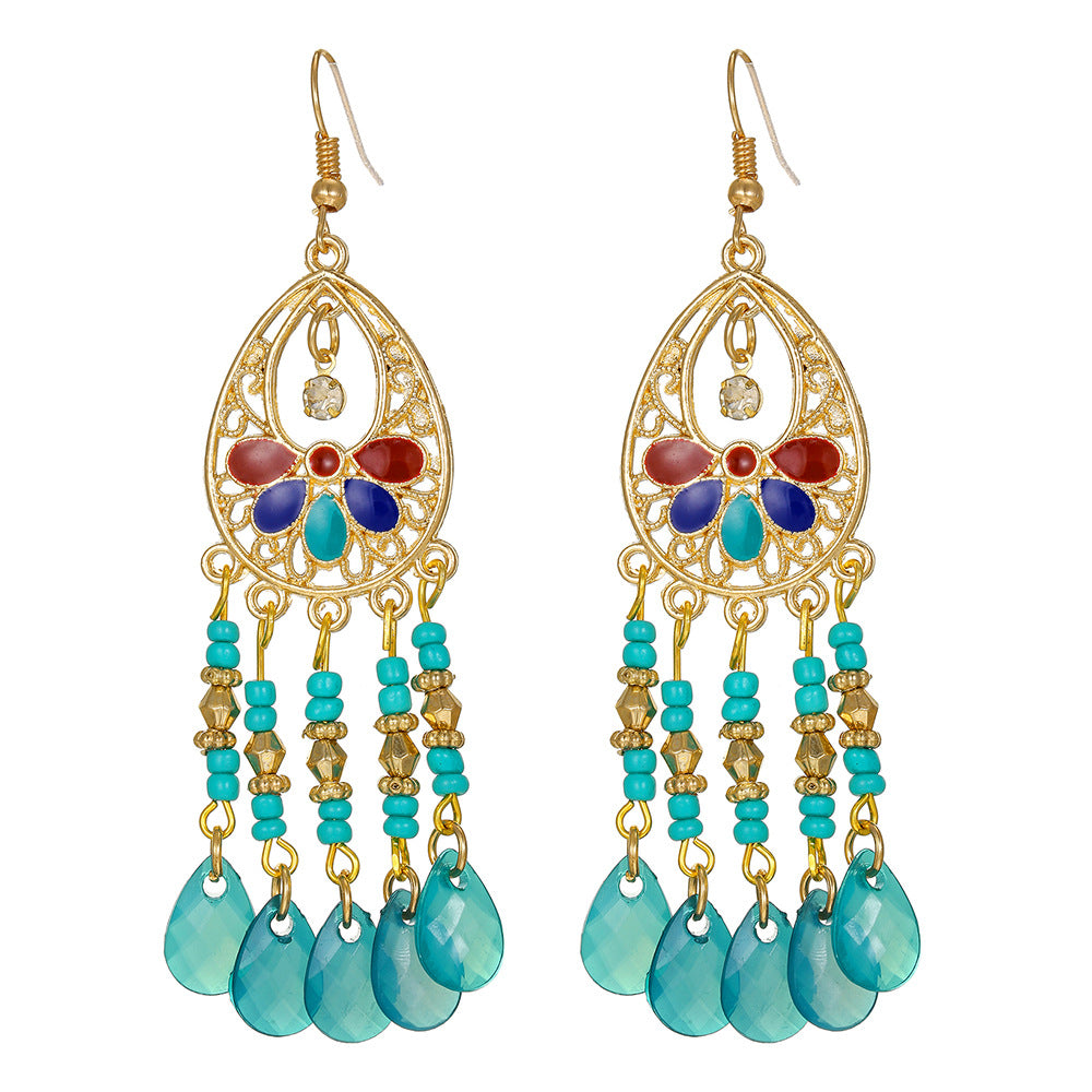 Vintage Bohemian Ethnic Geometric Round Alloy Plated Tassel Earrings for Women