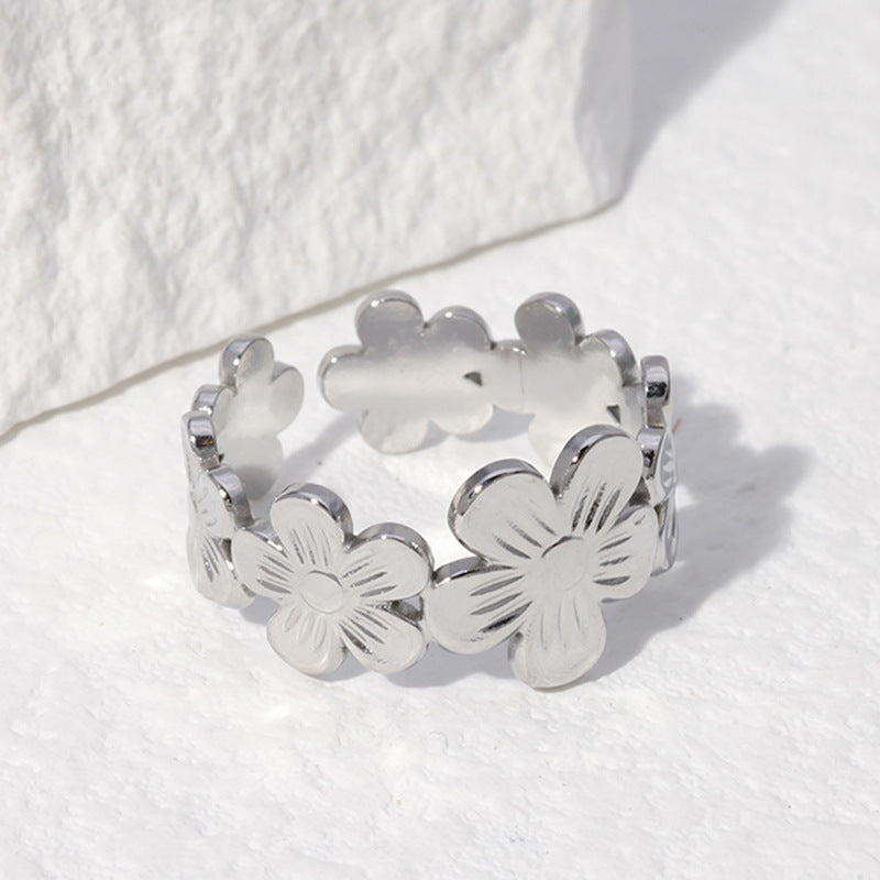 Sweet Minimalist Floral Plated Stainless Steel Open Ring for Women