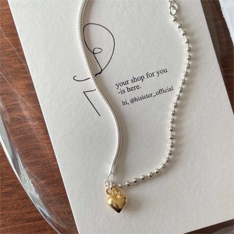 Minimalist Geometric Heart-Shaped S925 Sterling Silver Bracelet with Color-Contrast Beads