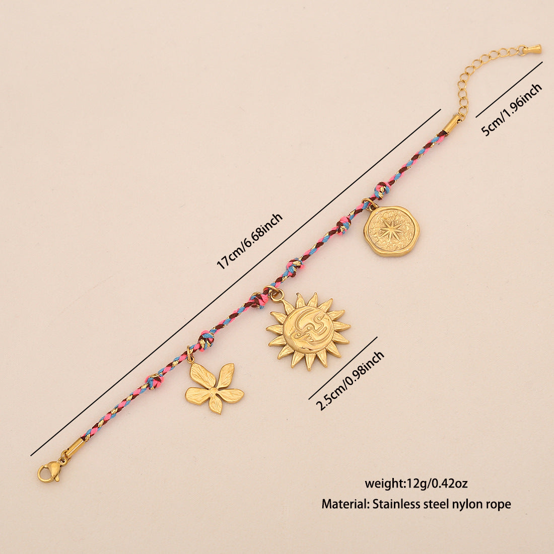 Braccialetto da donna intrecciato fatto a mano minimalista con sole, luna e stelle in acciaio inossidabile con ciondolo a cuore