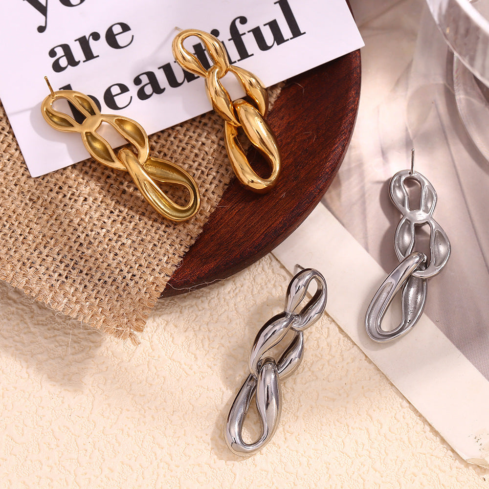 Minimalist Modern Geometric Irregular Three-Ring Chain Earrings in Stainless Steel with 18K Gold Plating