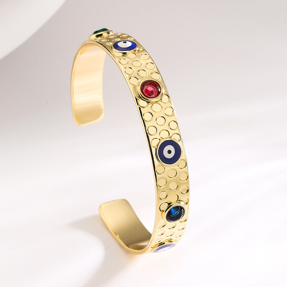 Bohemian Style Geometric Open Cuff Bracelet for Women with Copper Base Plated in Real Gold and Enamel Eye Design with Micro-Pave Zirconia