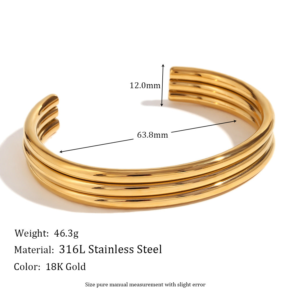 Minimalist Fashionable Open-Triple-Tube Polished Stainless Steel Bracelet with 18K Gold Plating for Women