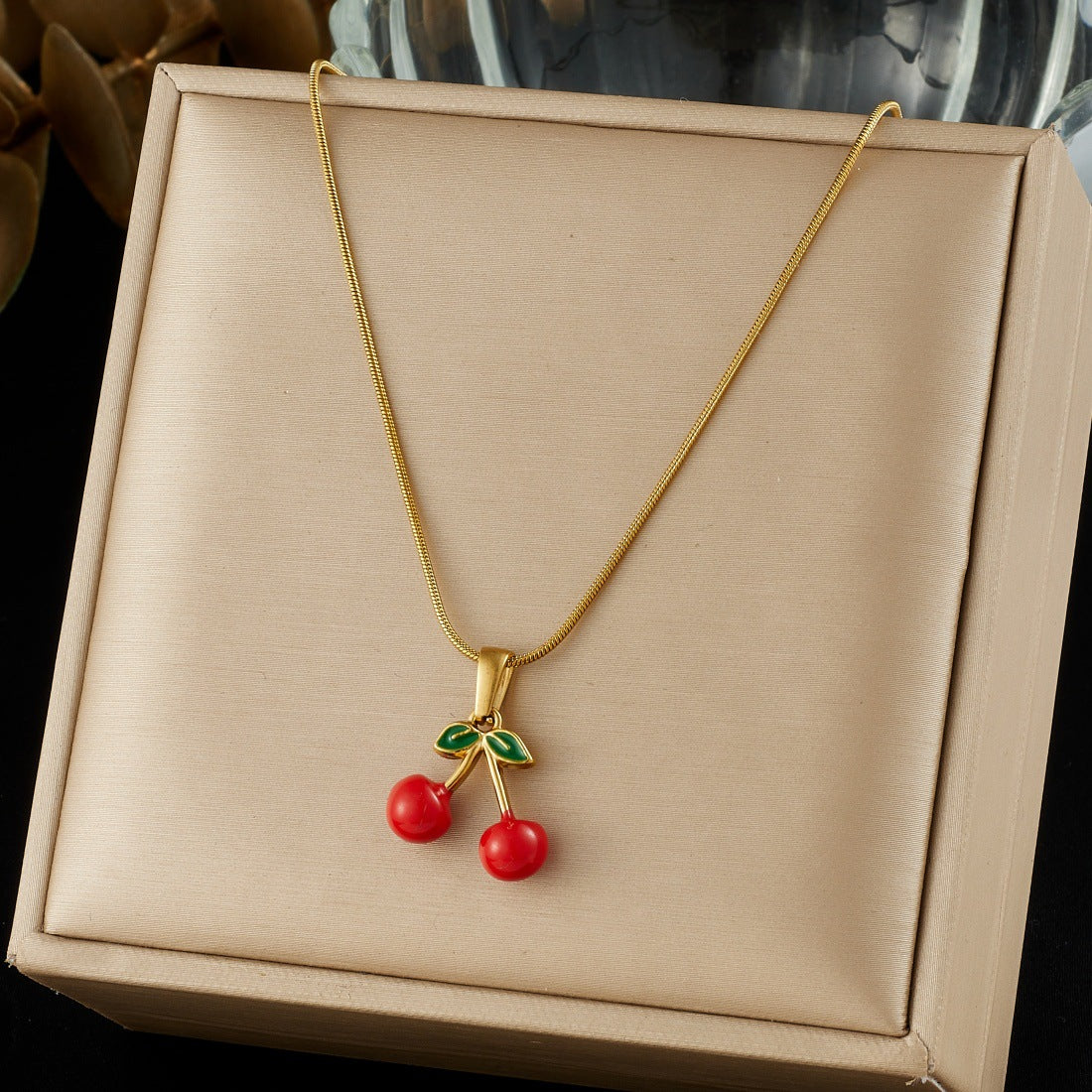 Sweet Drip Oil Cherry Fruit Plated Stainless Steel Necklace and Earring Set with Snake Chain