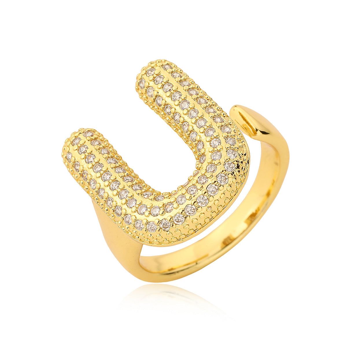 Minimalist Geometric Letter Zirconia Ring for Women in Copper with Gold Plating and Micro-Pavé Setting