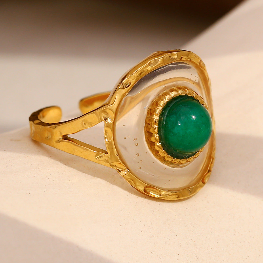 Vintage French Style Geometric Stainless Steel Ring with 18K Gold Plating and Acrylic Green Gemstone for Women