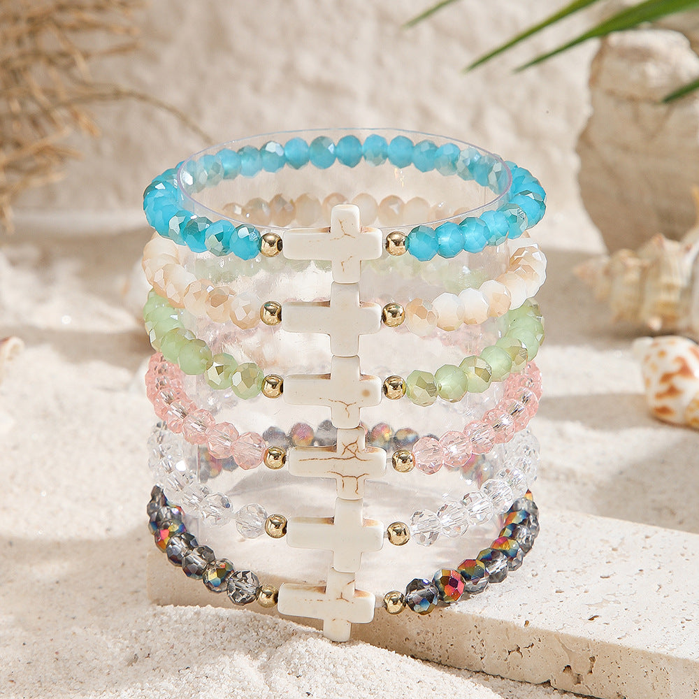 Bohemian Sweet Geometric Cross Crystal Turquoise Handmade Beaded Bracelet Set for Women