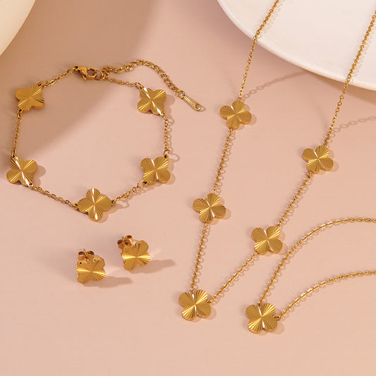 Sweet Floral Plant Stainless Steel Plated Necklace Bracelet Earring Set with Cable Chain