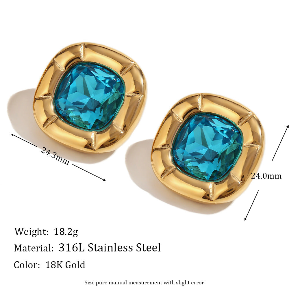 Vintage Fashion Floral Geometric Square Zirconia Necklace for Women Stainless Steel with 18K Gold Plating