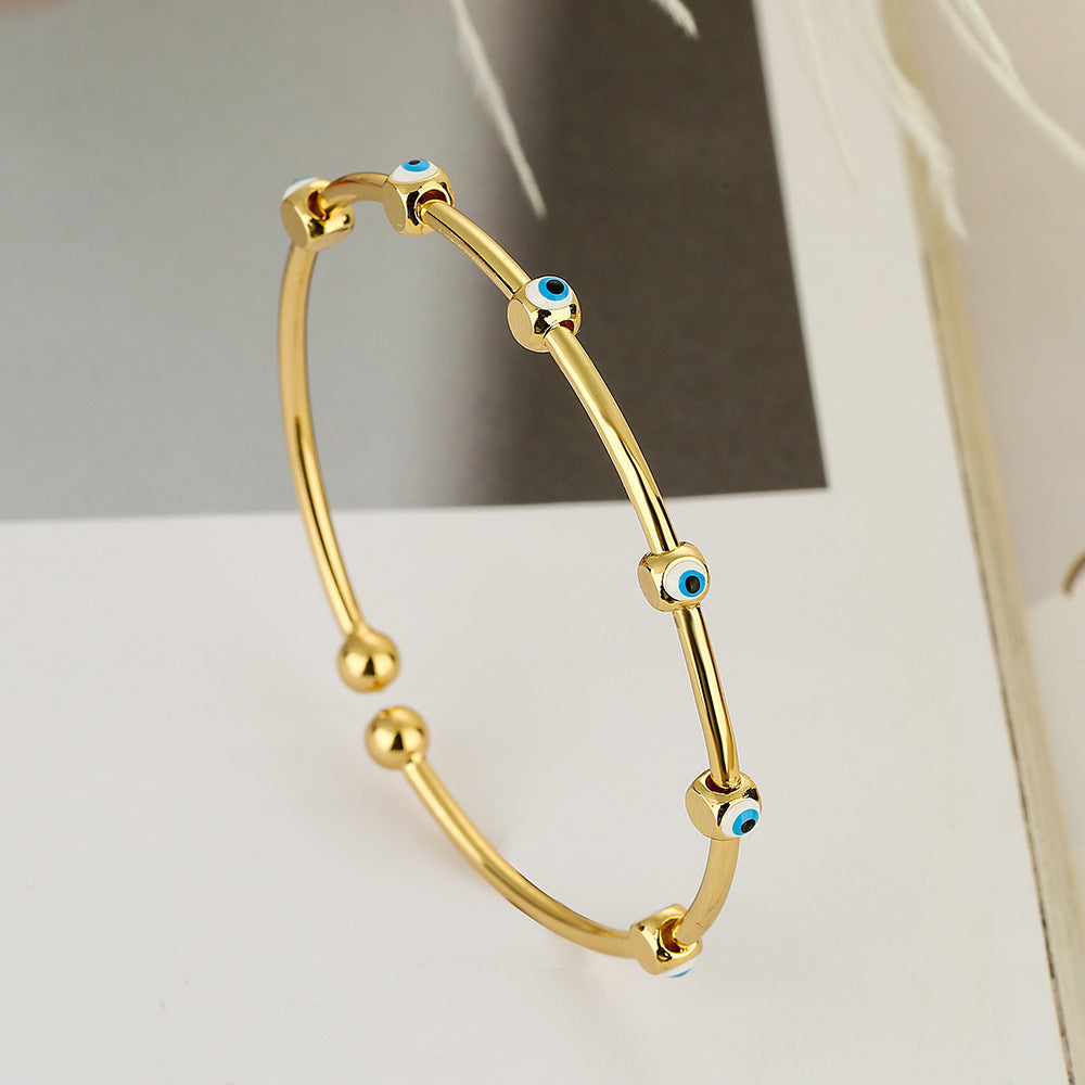 Gold Plated Brass Drip Oil Evil Eye Adjustable Cuff Bracelet for Women