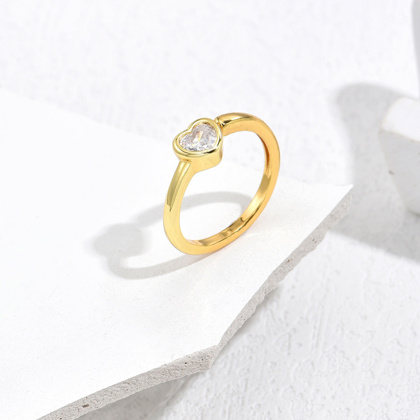 Minimalist Gold Plated Brass Heart Ring with Micro-inlay Cubic Zirconia for Women