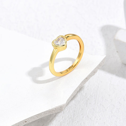 Minimalist Gold Plated Brass Heart Ring with Micro-inlay Cubic Zirconia for Women