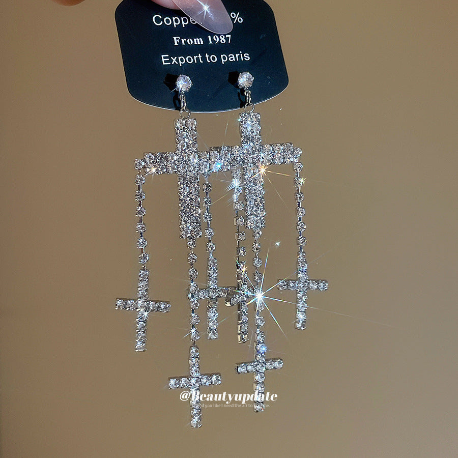 Orecchini pendenti a perno con croce geometrica e strass, in rame e acciaio per donna