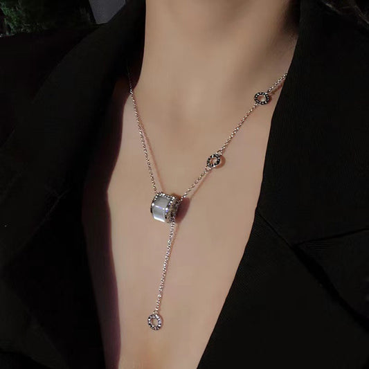 Luxury 18K Gold Plated Titanium Steel Cat's Eye Geometric Pendant Necklace Cuban Chain for Women