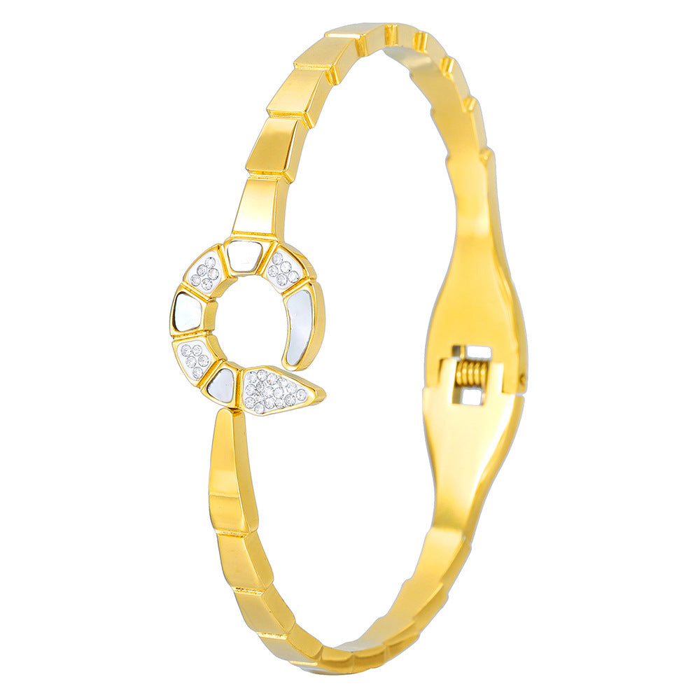 Geometric Round Titanium Steel Bracelet with Cubic Zirconia and Shell Design Plated Finish