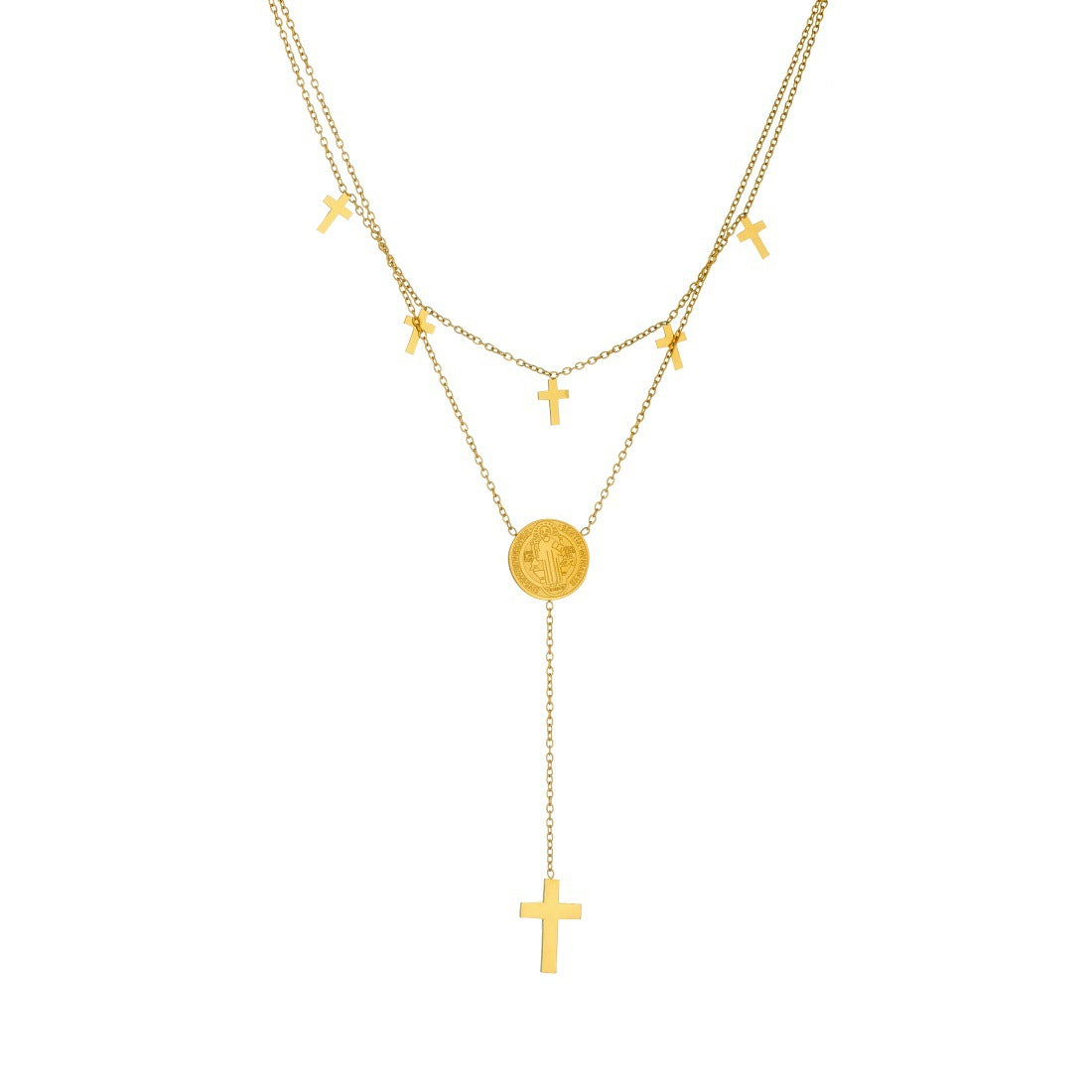 Minimalist Elegant Stainless Steel Plated Double Layer Round Cross Coin Pendant Necklace for Women
