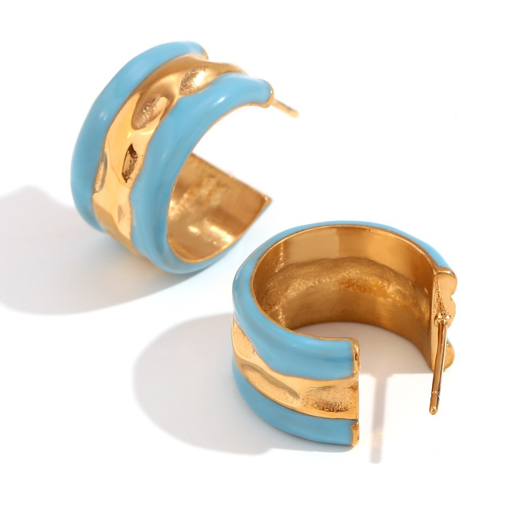 Fashionable Geometric Stainless Steel Plated 18K Gold Wave Texture Drop Earrings for Women