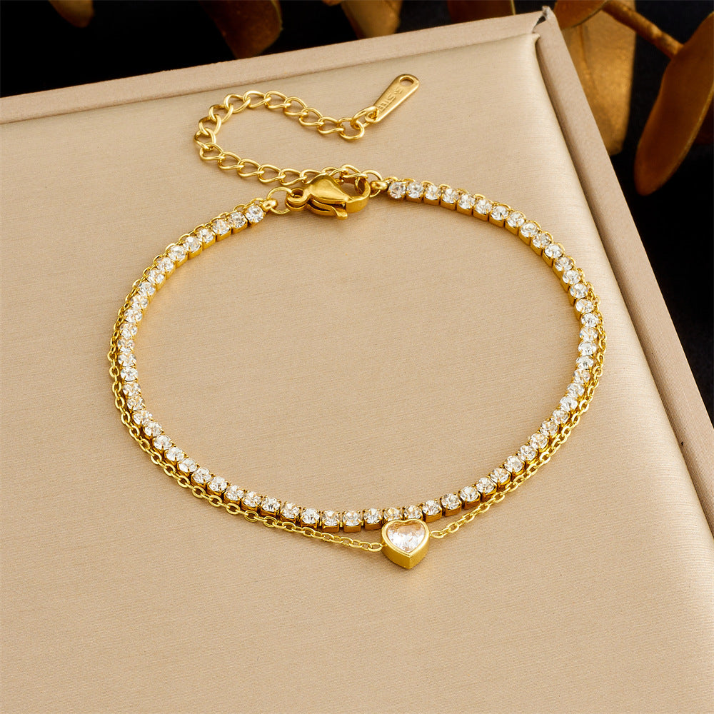 Sweet Minimalist Floral Star Heart Stainless Steel Plated Pearl Rhinestone Double Layer Bracelet for Women