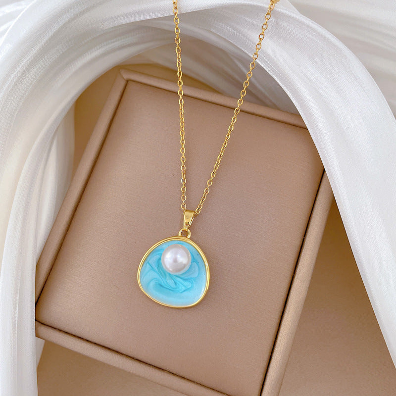 Collar minimalista con colgante de perla de acero de titanio con esmalte para mujer, delicada cadena de clavícula con forma de animal del zodiaco y patrón de estrella