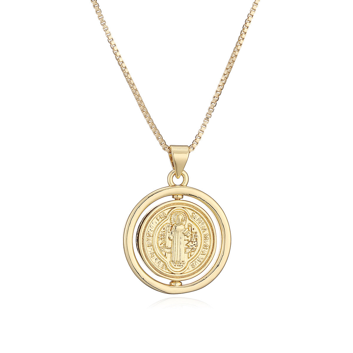 Minimalist 18K Gold Plated Brass Geometric Round Virgin Mary Pendant Necklace for Women