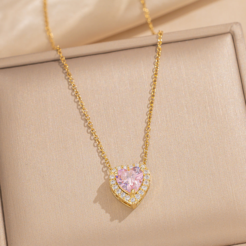 Luxury Minimalist Heart-Shaped Zirconia-Set Titanium Steel Necklace Set for Women with Earrings and Bracelet