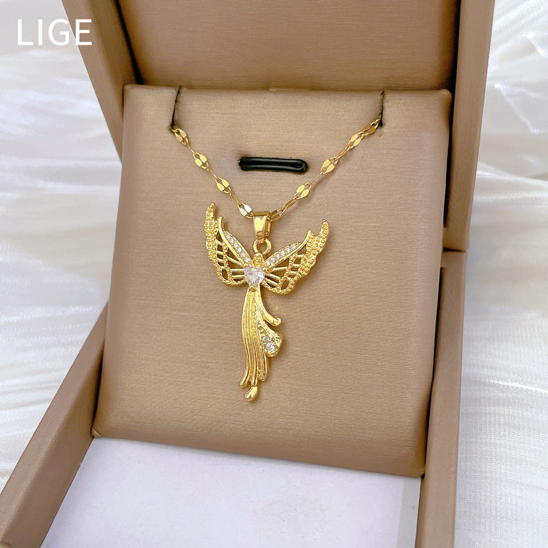 Luxury Titanium Steel Geometric Eagle Pendant Necklace for Women with Rhinestone Inlay, Adjustable Titanium Steel Chain, Elegant Clavicle Jewelry
