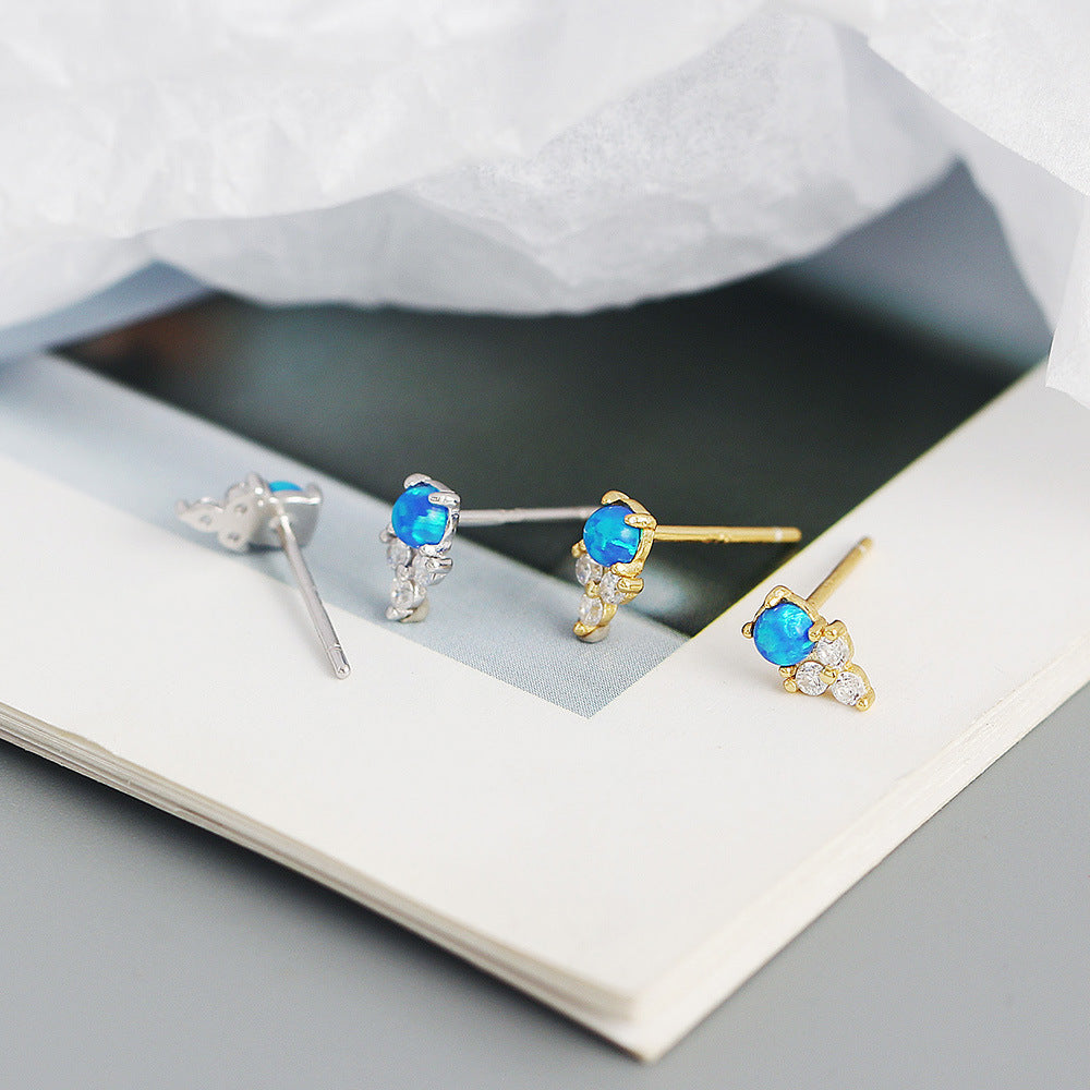 Orecchini a perno con opale e intarsio di strass in argento sterling S925, stile naturale, forma geometrica da donna