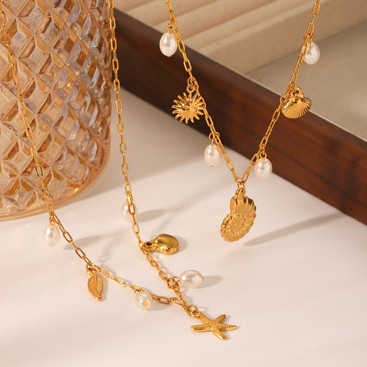 Collar con colgante minimalista de estrella de mar y concha marina, inspirado en el océano, para mujer, de acero inoxidable con acabado chapado