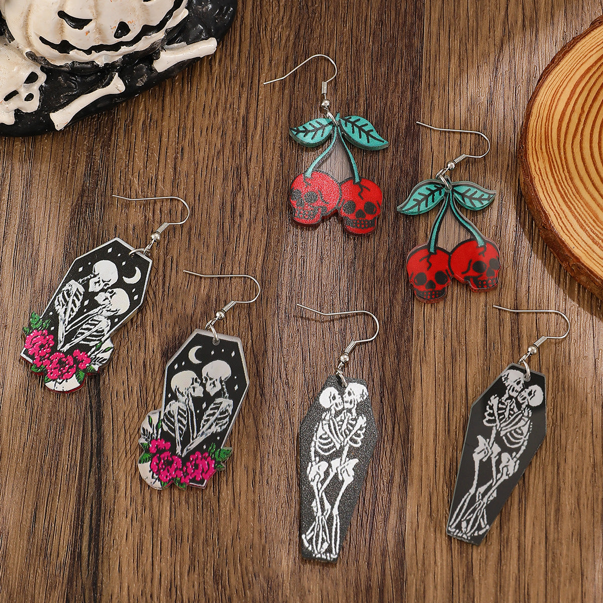 Pendientes acrílicos de dibujos animados de calavera de cereza de Halloween y rana solitaria para mujer con postes de oro de 14 quilates