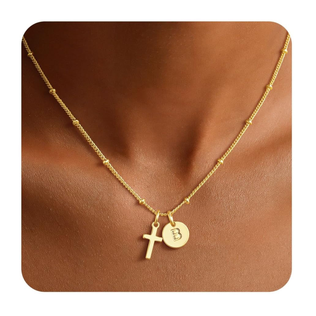 Luxury Elegant Stainless Steel Plated Cross Letter Pendant Necklace Ball Chain Women's Jewelry