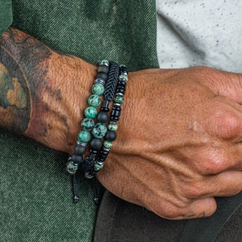 Vintage Bohemian Geometric Round Black Agate and Turquoise Beaded Stretch Bracelet for Men and Women